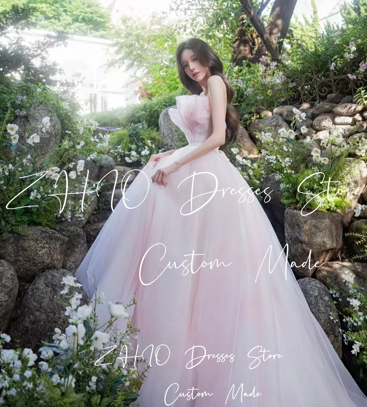 ZHIO Elegant Baby Pink Wedding Party Dress Strapless Sweep Train Organza Korea Photo Shoot Evening Dresses Customized웨딩드레스