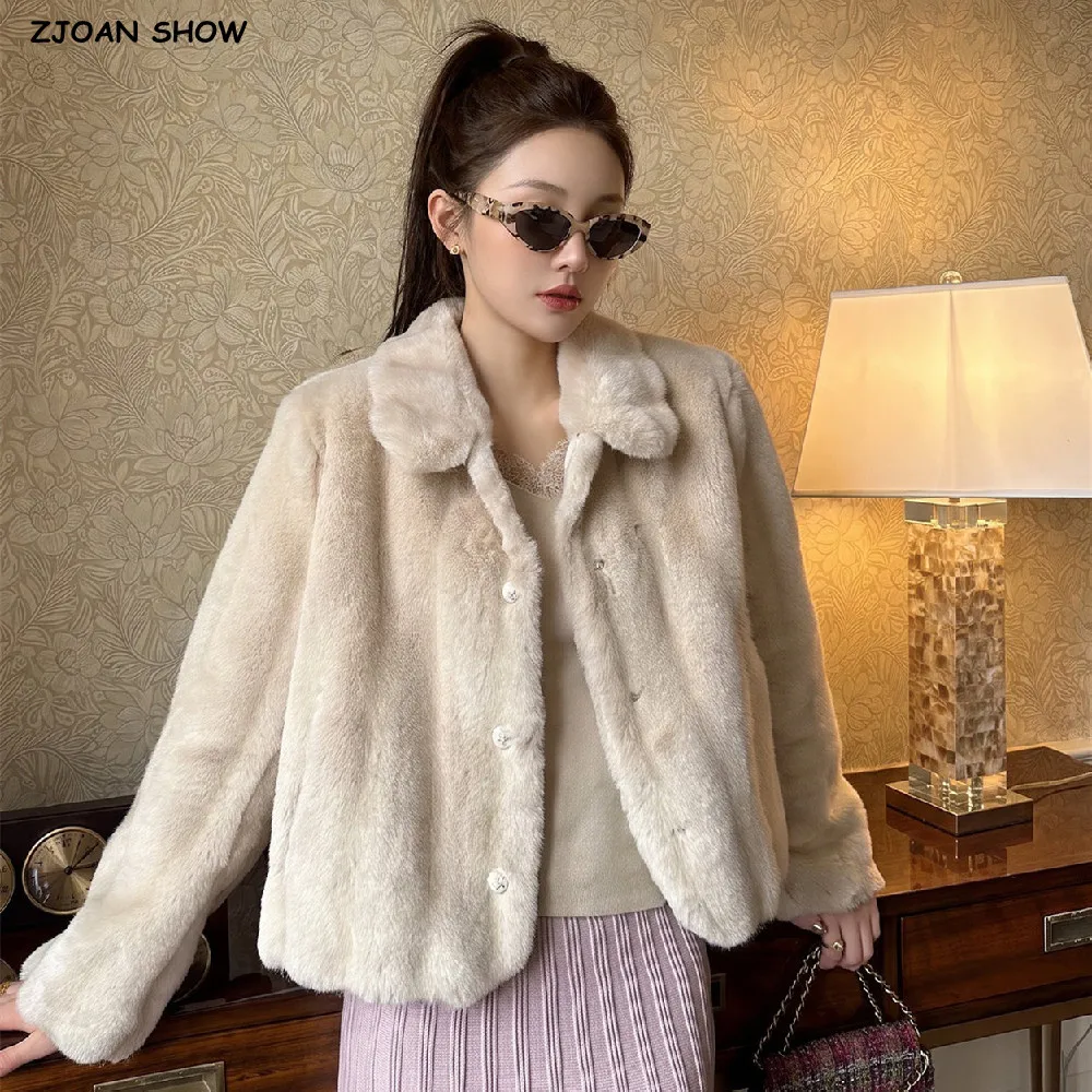 Trendy Winter Women Beige Furry Hairy Fox Mink Fur Coat Lapel Collar Long Sleeve Warm Shaggy Jacket Loose Short Outerwear