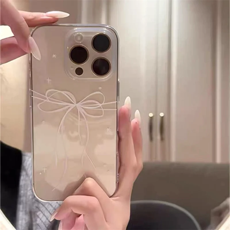 Transparente Handyhülle mit großem Loch, violett und weiß bemalt, mit Schleife, für iPhone 11 12 13 14 15 16 17 18 Pro Max – Detail 4