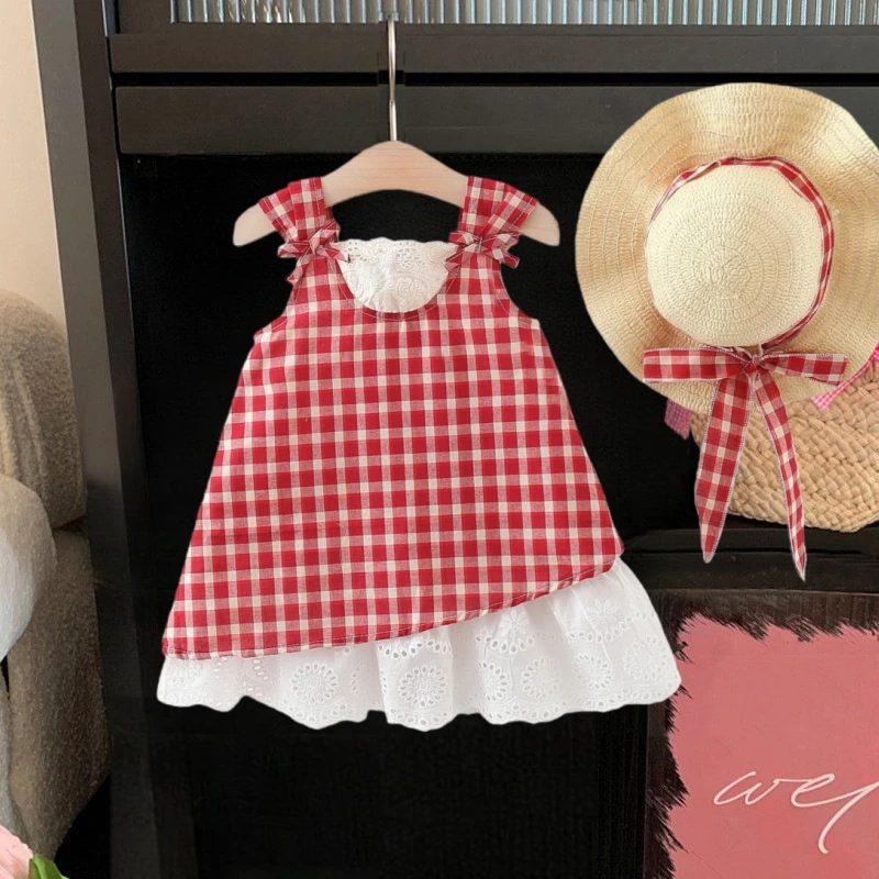 vestido-de-verao-para-menina-estilo-coreano-sem-mangas-com-renda-e-estampa-xadrez-vermelha-para-festa-na-praia-com-chapeu