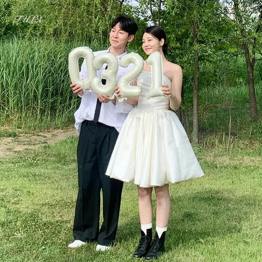 

TULX Mini Ivory Satin Wedding Dress Korea Photo Shoot Simple Strapless A line Short Bridal Gowns Corset Customized 웨딩드레스