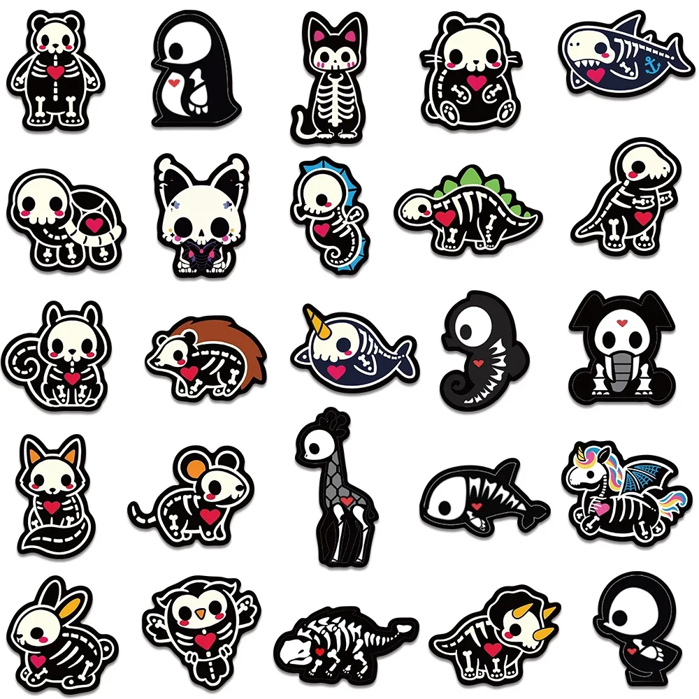 50Pcs Cartoon Animals Skeleton Skull Stickers Cute Horror DIY Stickers Scrapbooking Phone Luggage Skateboard Waterproof Decals