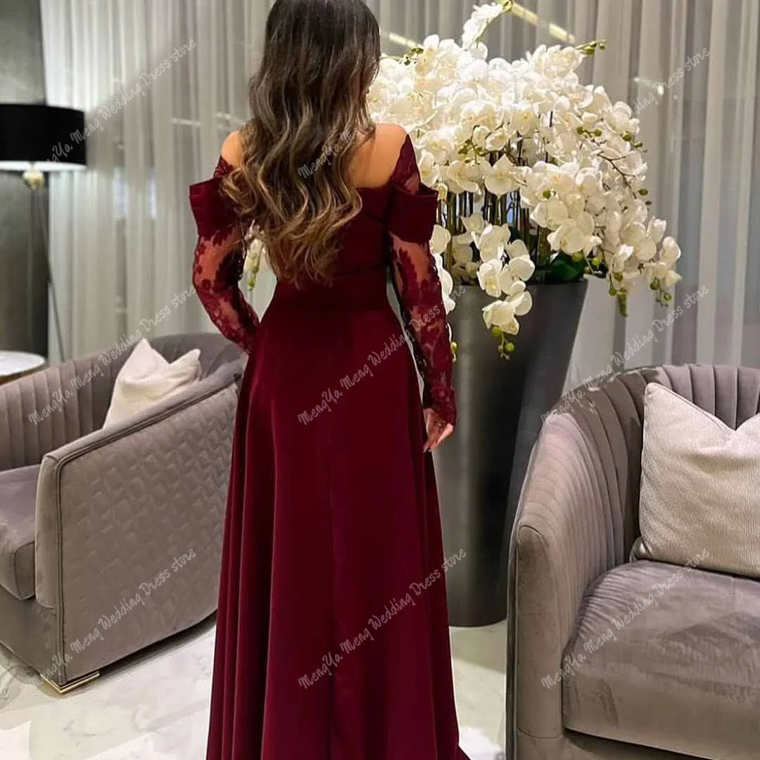 ZHUISHU Exquisite Off the Shoulder Burgundy Lace Evening Dresses Delicate Long Sleeves Party Dress Cocktail Dress Customized