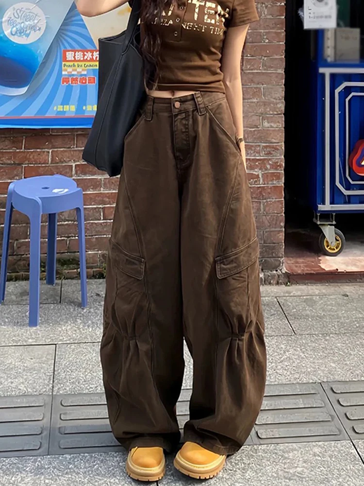 

Американский ретро кофейного цвета с изогнутым ножом, рабочая одежда, джинсы, женские свободные повседневные прямые брюки с высокой талией, универсальные широкие брюки