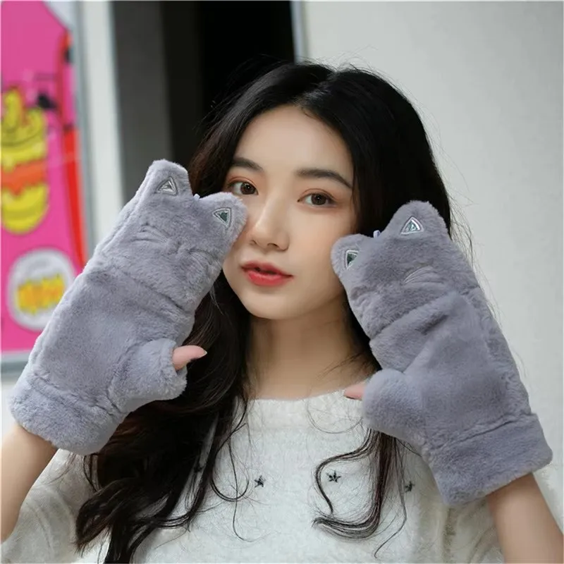 Winter Warm Gloves for Women Cute Korean Version Flip Gloves Outdoor Cycling Cold-Proof Thickened Windproof Gloves