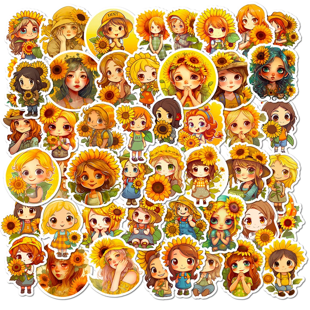 

10/30/50pcs Kawaii Sunflowers Girls Anime Stickers Art Flowers Cartoon Sticker for Laptop Suitcase Diary Bike Decorative Decals