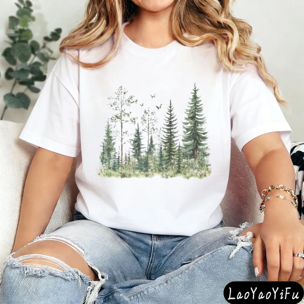 Forest Tree Line Sketch Nature TShirt Outdoorsy Tee Woodland Clothing Women Loose O Neck Short Sleeve Tshirt Pattern Printed