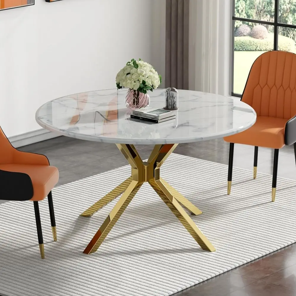 

45 Round Dining Table for 4-6, Elegant Marble Kitchen Table, White Marble Top with Gold Steel Legs for Cafe and Restaurant