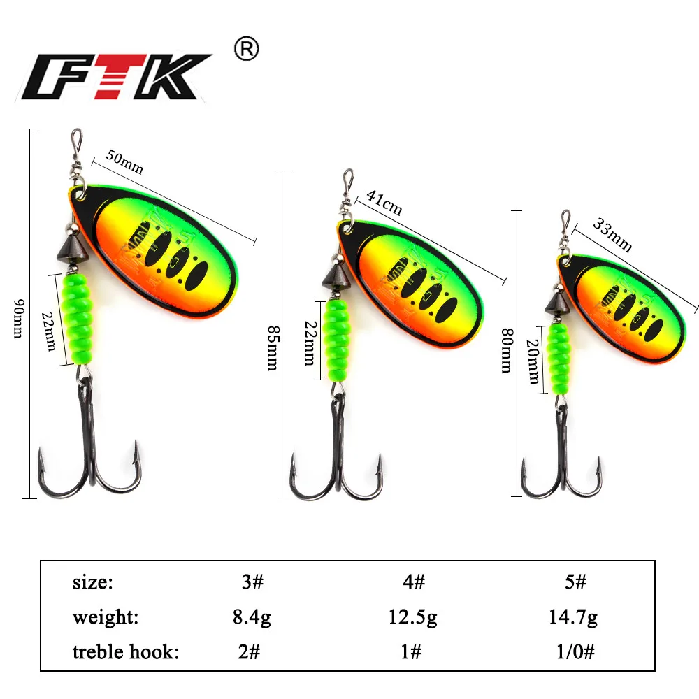 FTK Rotating Spinner Fishing Lure Spoon Sequins Metal Hard Bait Treble Hooks Wobblers Bass Tackle 8.5g 12.5g 14.7g