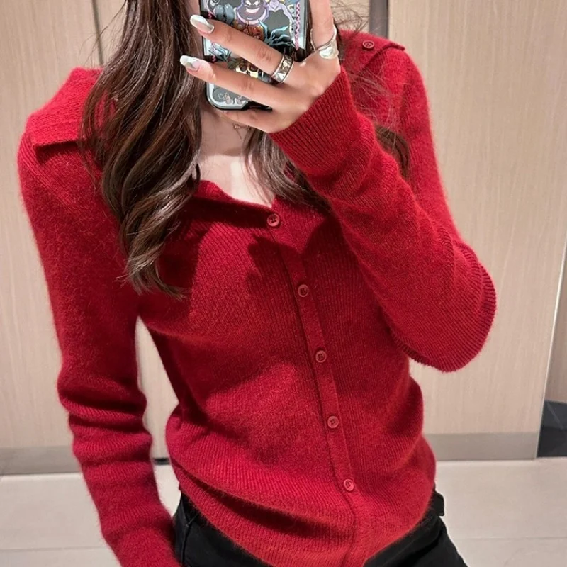 Autumn Winter New Women's Clothing 100% Merino Wool Collar Knitted Cardigan cCasual Long Sleeved Shirt Fashionable Korean  Tops