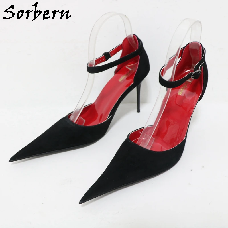 Sorbern Suede Real Leather Women Pump Pointed Toe Ankle Strap Black Stilettos Metal Heel Shoes 10Cm Red Inside Custom Colors