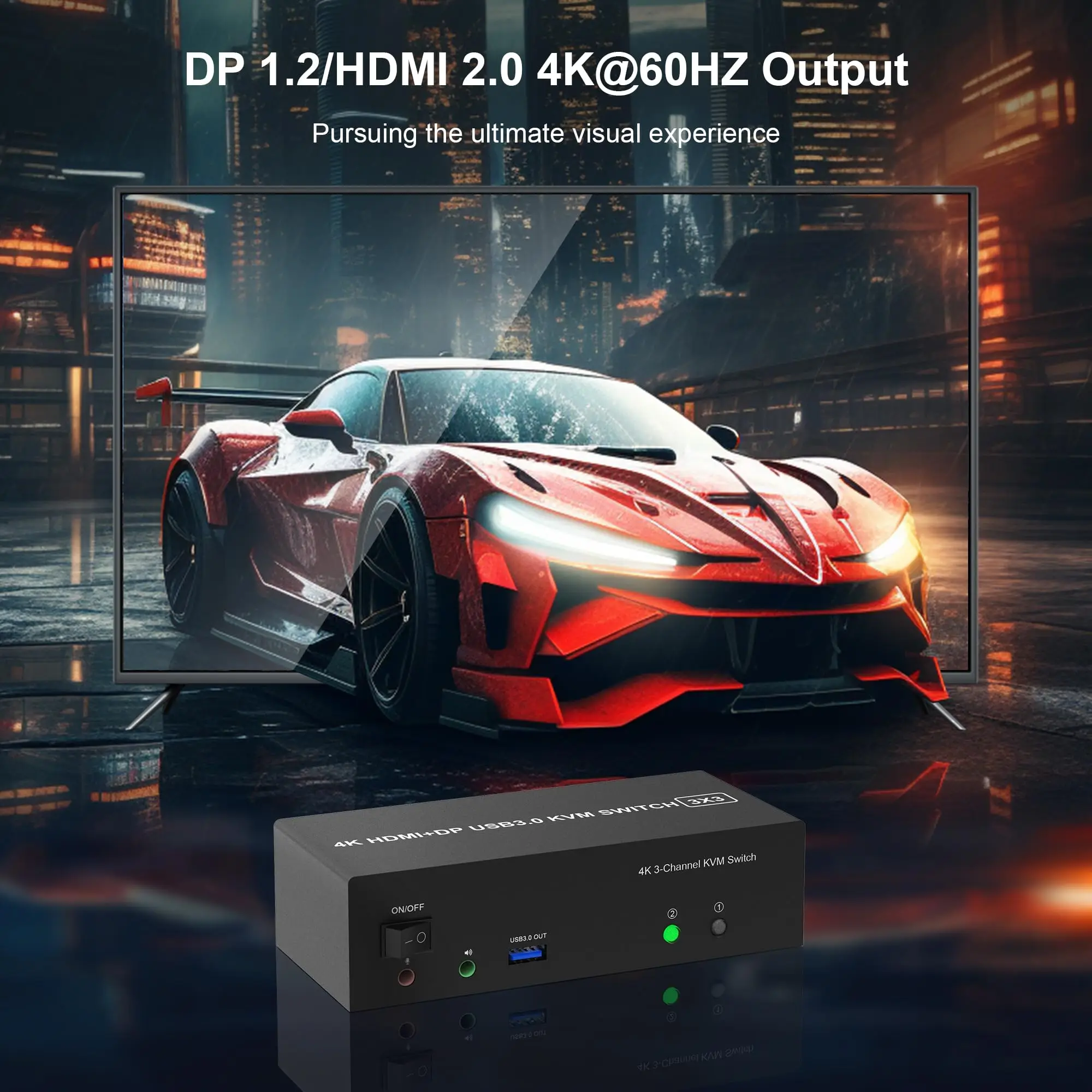 Triple Monitors KVM Switch 2 Displayport + HDMI 4K@60Hz 3 Monitors KVM Switch with Audio Microphone Output and 3 USB 3.0 Ports