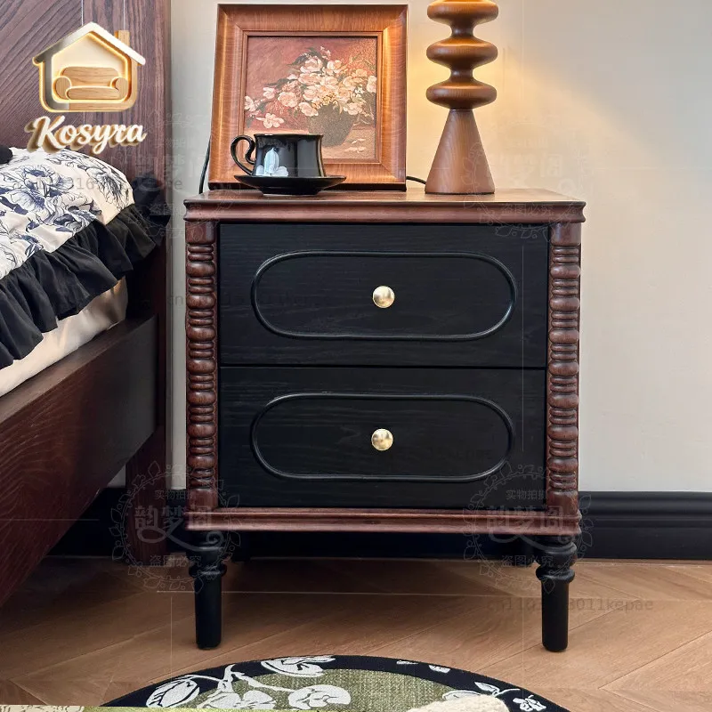 Medieval style all solid wood bedside table French retro small apartment master bedroom modern simple walnut color locker
