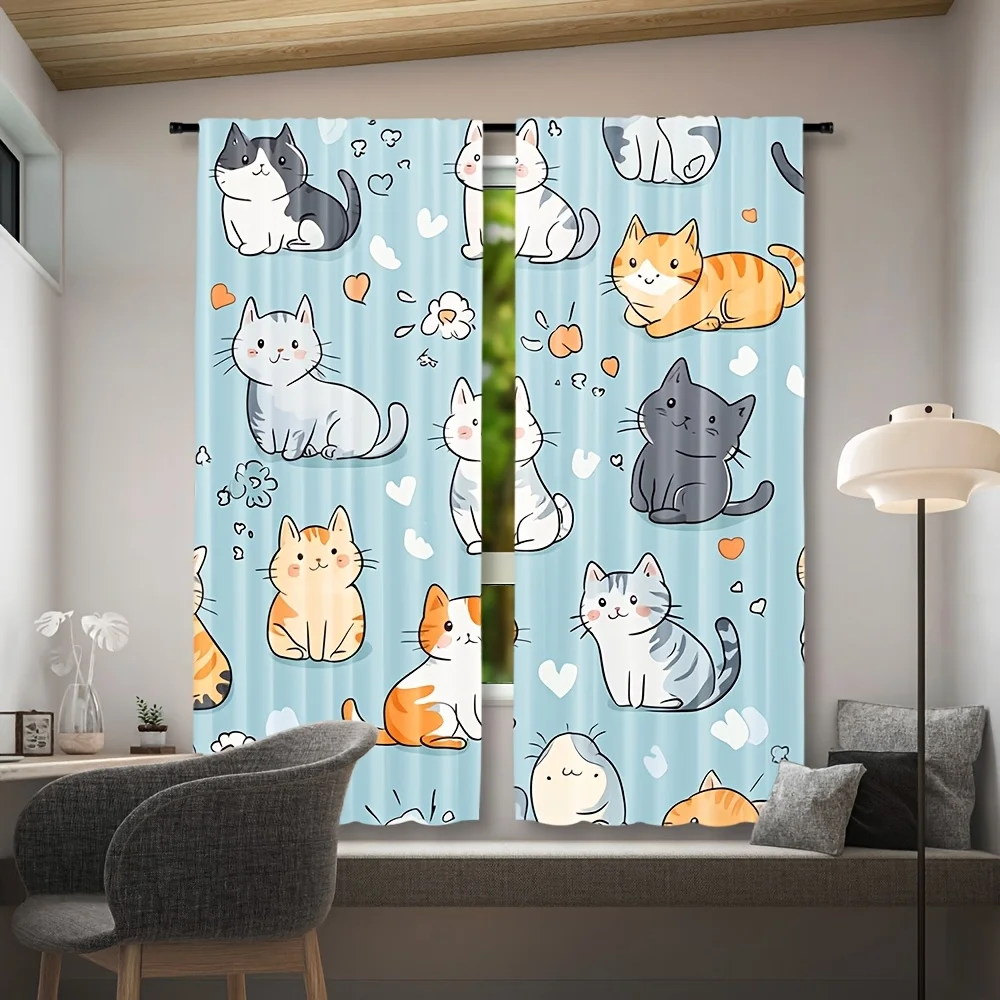 Lovely Cartoon Cat Heart Floral Curtain 2 Pack, Light Blue Base Kitten Print Drapes for Girls Nursery Bedroom Living Room Decor
