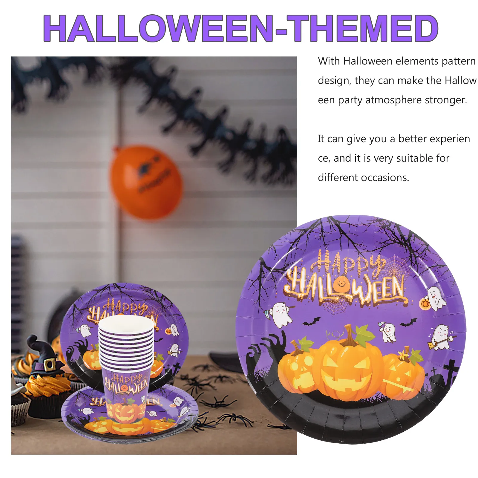 1Set Halloween Party Tableware Set Safe Paper Dinnerware Kit with Spooky Decorative Patterns for Halloween Thanksgiving Fall