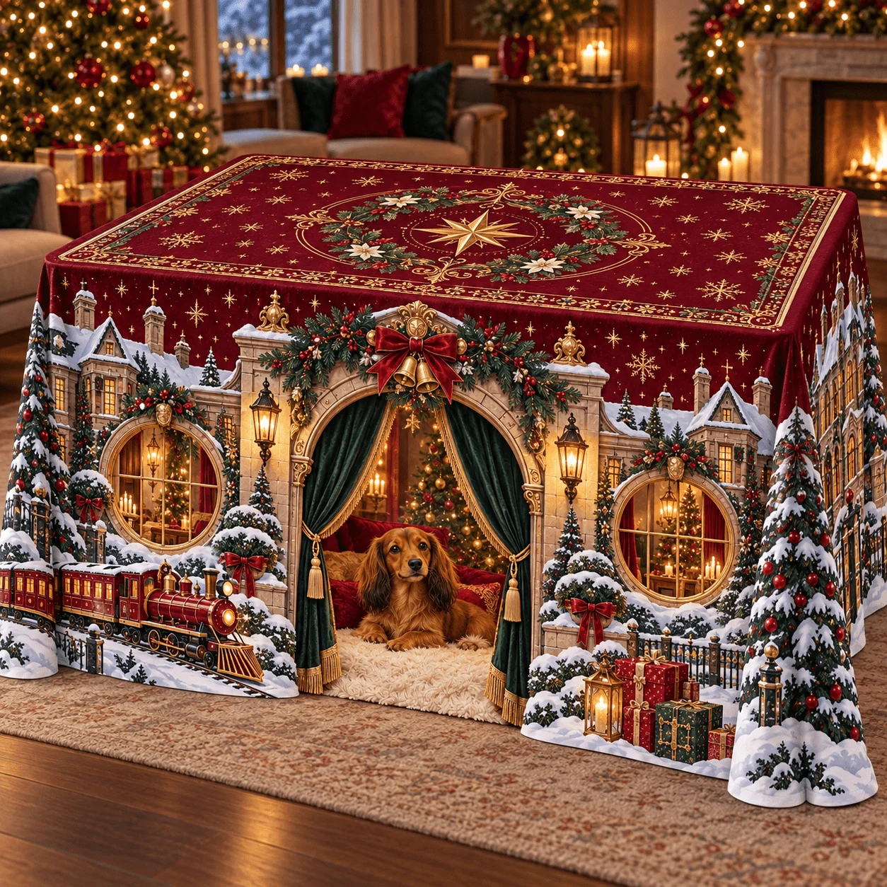 1 dog door tablecloth, burgundy with gold, with a Christmas atmosphere! Polyester rectangular tablecloth