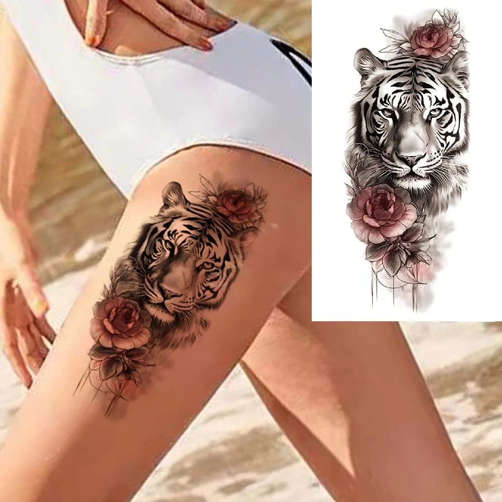 100X 2025 New Tiger King Flower  Tattoo Waterproof Temporary Sticker Flash Animal Fox Wolf Clock Arm Art Beauty Totem Sexy Paint