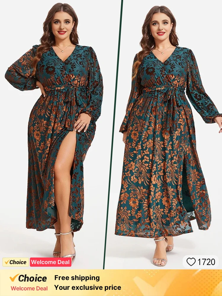 

2025 New Long Sleeve Dress Green Velvet Printed Women's Dress Gorgeous Printed Party Dress Elegant Casual Wrapped Women's Dress