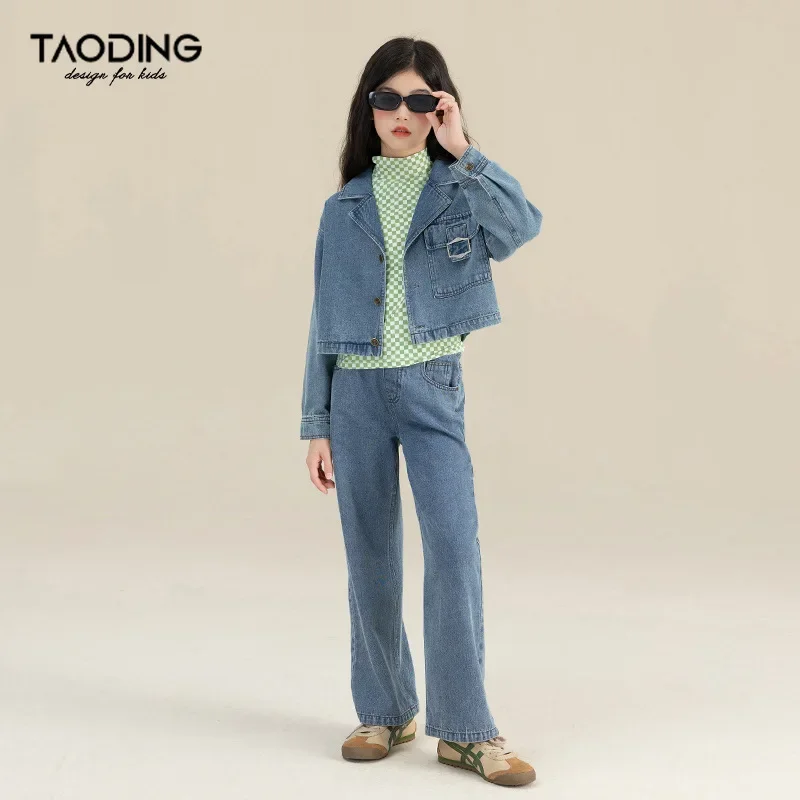 Girls Denim Suit Autumn 2024 New Vintage Buckle Denim Jacket Pants Two-piece Set Korean Simple Style Fashion Clothes Kid