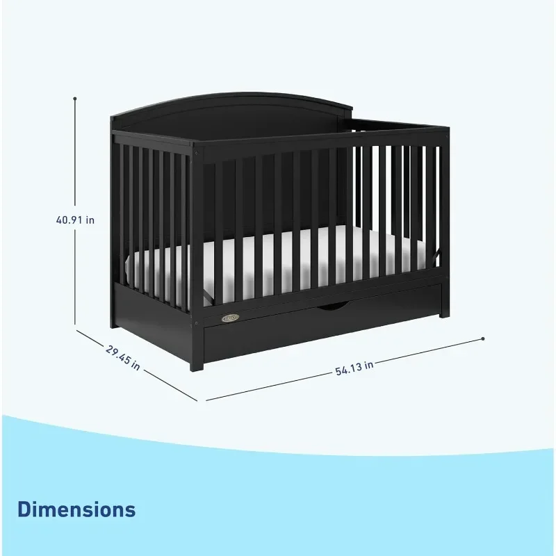 5-in-1 Convertible Crib with Drawer (Black), Full-Size Storage Drawer, Converts to Toddler Bed and Full-Size Bed