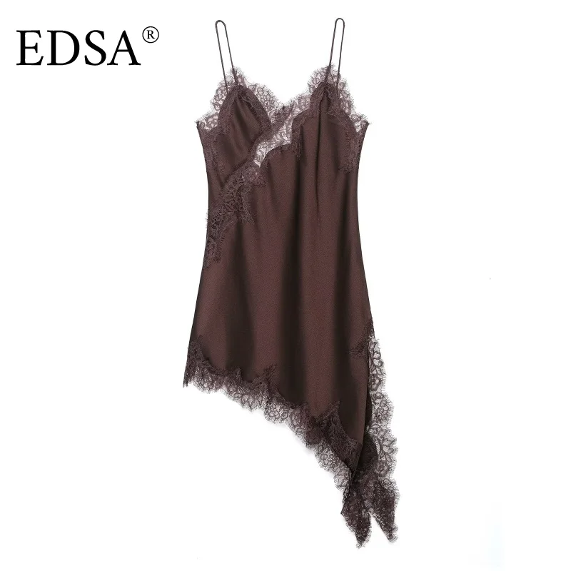 EDSA 女性用非対称レースサテンミニドレス ストラップ付き Vネック セクシーなショートドレス パーティー用