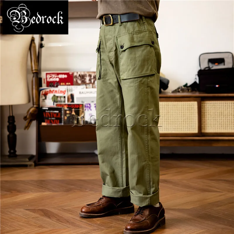 P-44 Monkey Pants Men\'s Military Style HBT Cargo Trousers Army Green loose Straight Vintage worker pant Herringbone