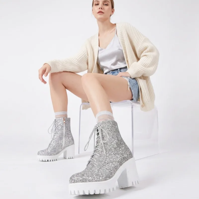 2026 New Casual Ankle Boots Side Zippy Shiny Sequin Dance Shoes Women 8CM Rome Lace Up Round Toe Spring Autumn Boots Plus