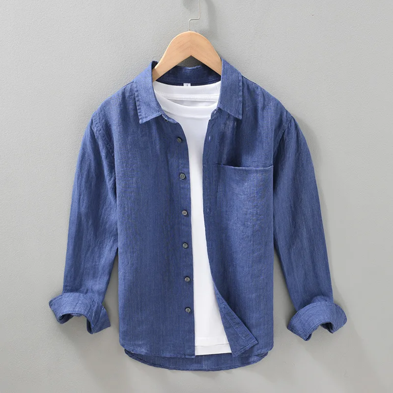 100% Linen Shirt Spring Fall Fashion Solid Color Pocket Long Sleeve Lapel Blouses Men Simple Basic Breathable Healthy Daily Tops