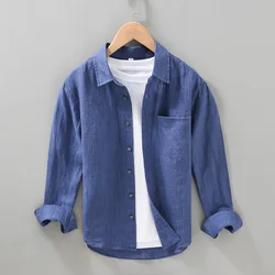 100% Linen Shirt Spring Fall Fashion Solid Color Pocket Long Sleeve Lapel Blouses Men Simple Basic Breathable Healthy Daily Tops