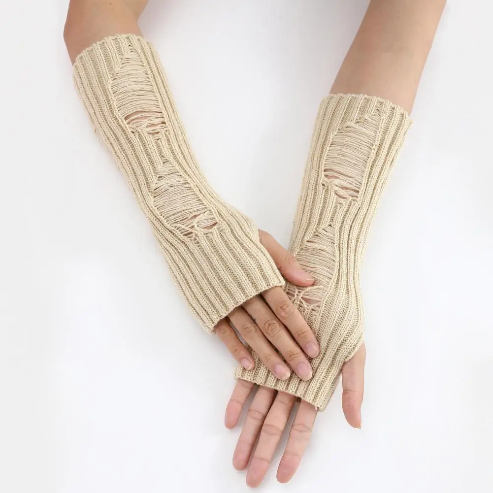 Solid Color Gloves Knitted Fingerless Arm Warmers for Fall Winter Cycling Non-slip High Elasticity Gloves with Ripped Design