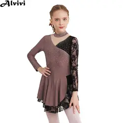 Teen Girls Figure Ice Skating Ballet Rhythmic Gymnastics Lyrical Dance Costume Long Sleeve Shiny Rhinestone Lace Leotard Dress