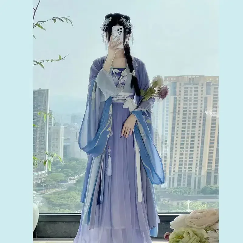 ชุดฮั่นฝูของจีนสำหรับผู้หญิงชุดฮาโลวีนโบราณชุดฮั่นฝูสีฟ้าชุดคอสเพลย์ผู้หญิงชุดชุดงานวันเกิดราชวงศ์ฮั่นฝู