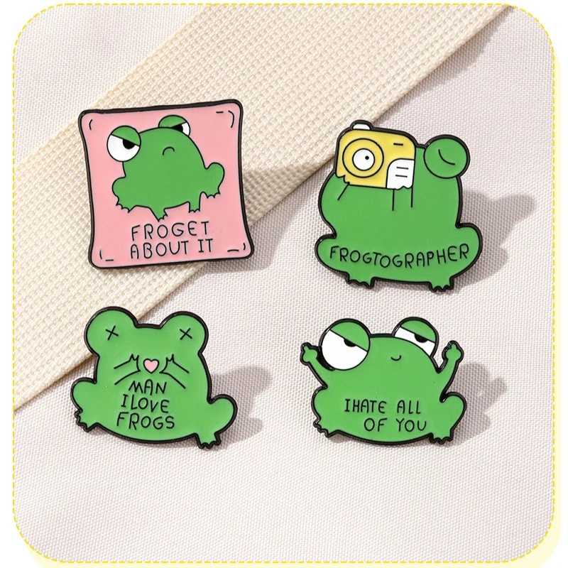 New American Style Funny Cartoon Frog Metal Brooch Commute Fashion English Print Backpack Decoration Badge Pin DIY Clothing Hat