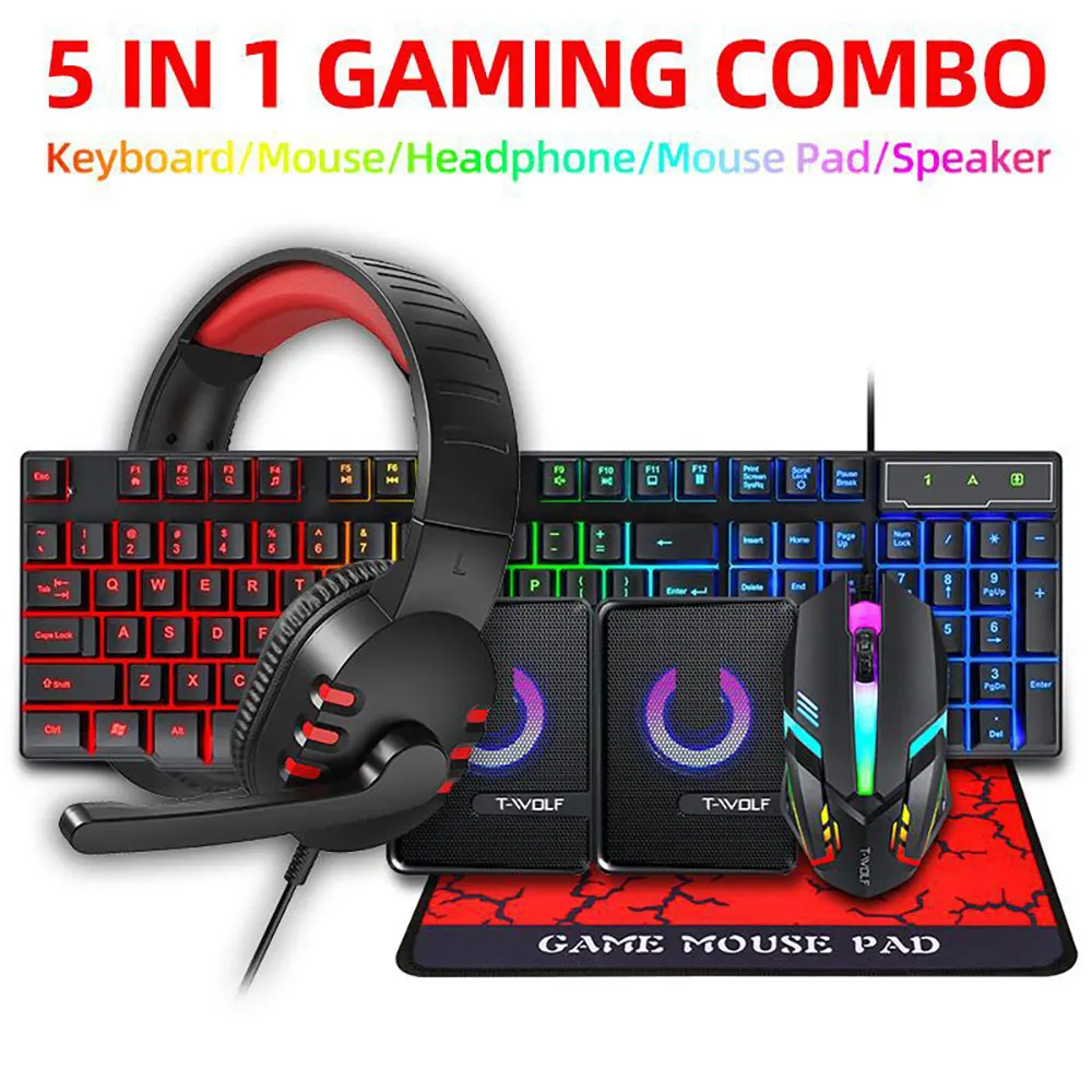 

5 In 1 SET Computer USB Wired Keyboard Mouse Set Headphone Mouse Pad Speaker Mouse And Keyboard Combos