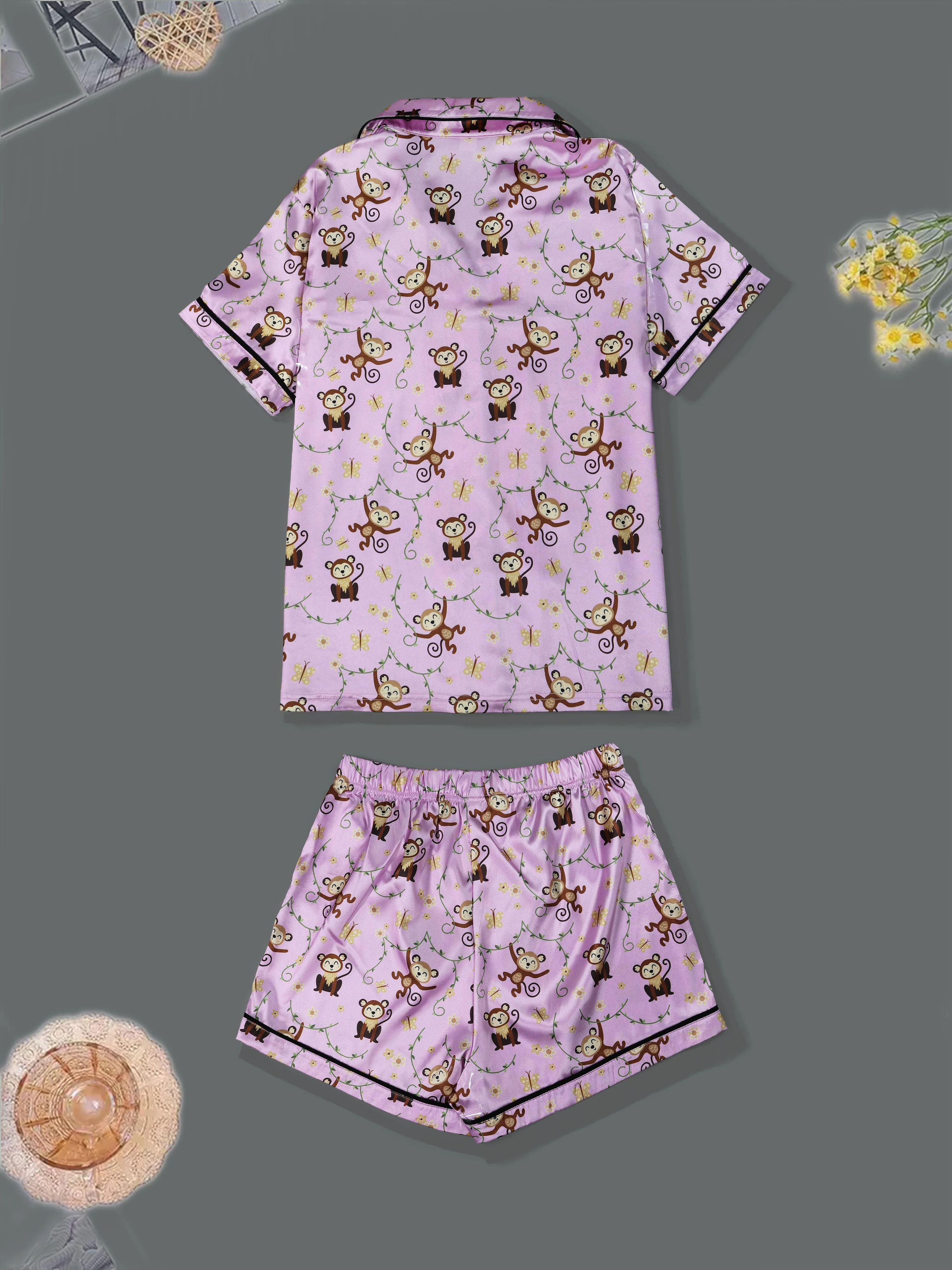 Women's Spring and Summer Suit Home Clothes Series Pink Cute Smiling Monkey Style Pajamas Set