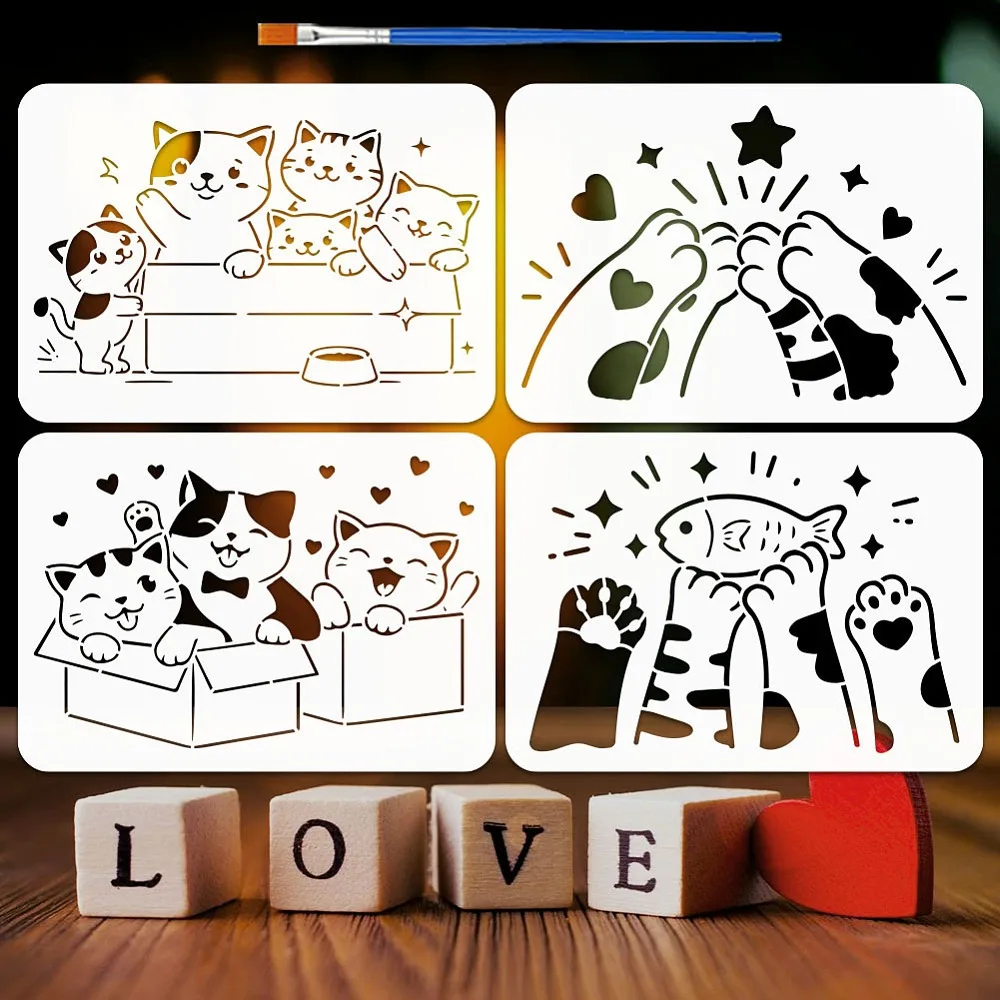 4Pcs Cute Cat Painting Stencils with Paintbrush 11.7x8.3 inch 4 Styles Kitten in Box Stencil Cat Paws and Hearts Stencil Animal