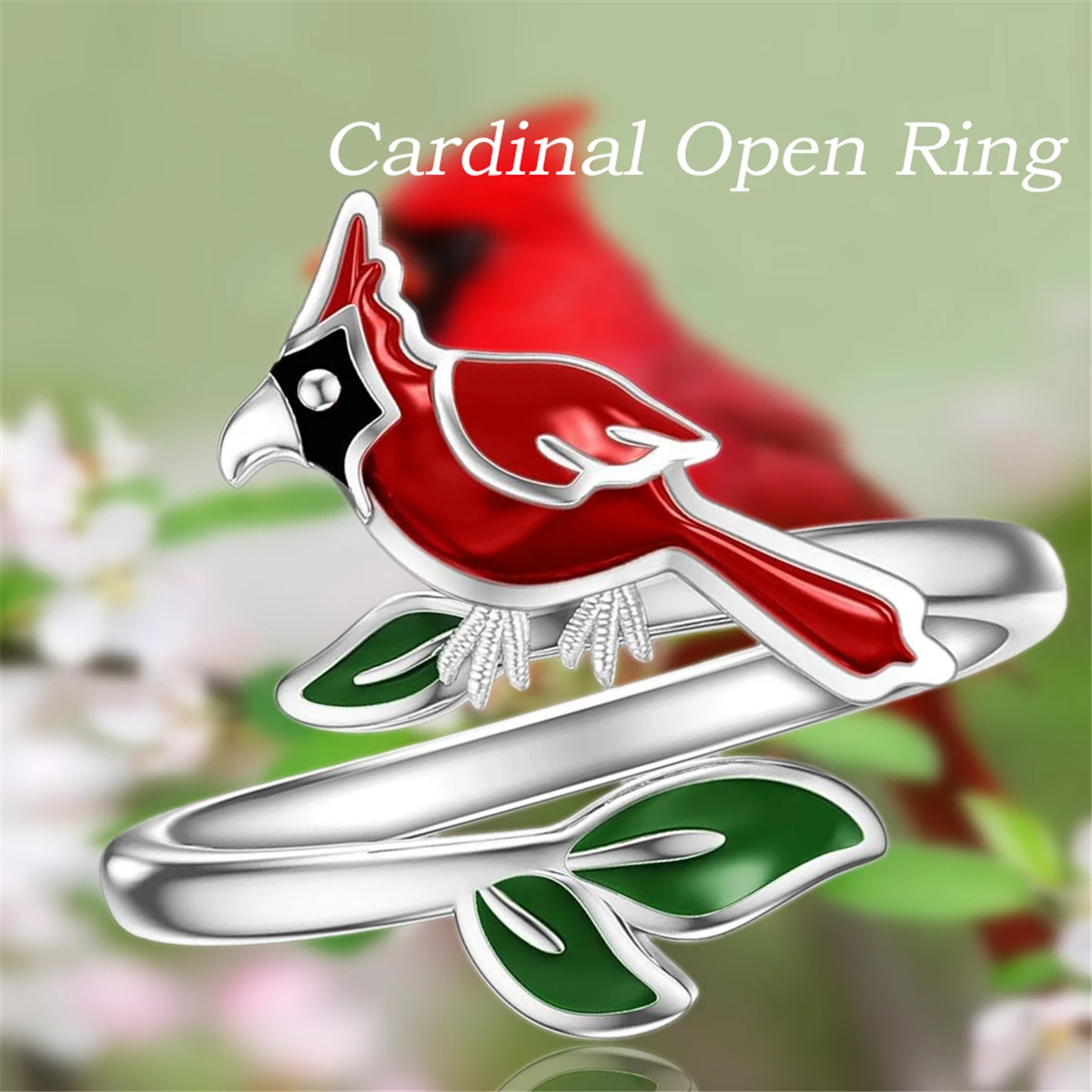 1Pc Exquisite Faith Cardinal Open Ring Red Bird Green Leaf Drop Oil Jewelry Daily Blessing Accessories Christian Perfect Gifts