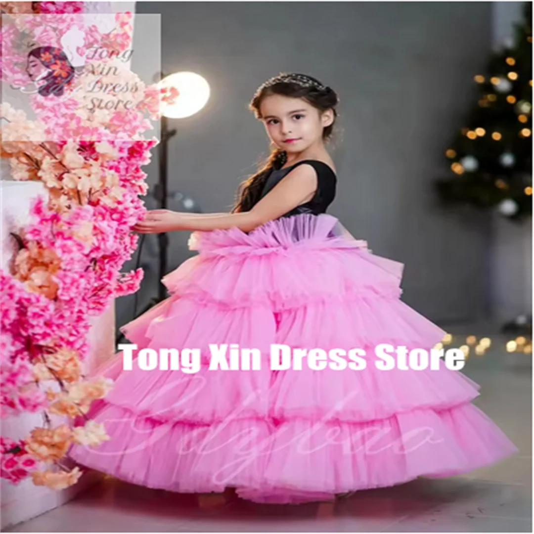 

Customized Wedding Puffy With Bow Tulle Kids Birthday Flower Girl Dress For First Communion Princess Party Ball Gowns