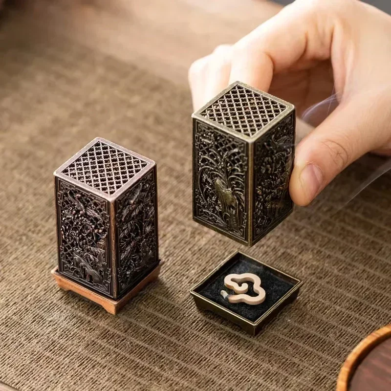 

Vintage Carved Plum Incense Burner Square Vertical Alloy Incense Holder Buddhist Craft Chinese Antique Aromatherapy Zen Ornament