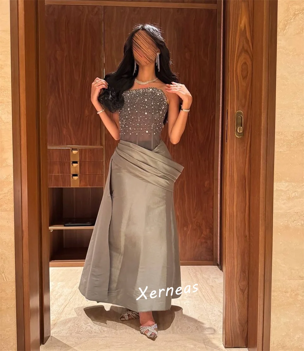 Customized Sparkle Sequined Pleat Strapless Trumpet Midi Dresses Bespoke Occasion Evening Gown Classic Exquisite High Quality