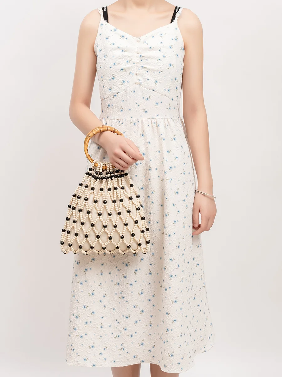 Bolso de mano tejido para mujer, bolso con cuentas de madera hueca, bolso de hombro tipo Bombonera, bolso de playa con red reticulada para mujer