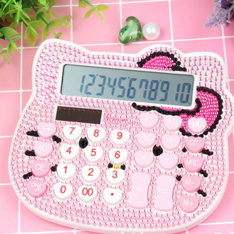 Kawaii Sanrio Hello Kitty Calculator Anime Cute Crystal Diamond Solar Energy Durable Computer Large Screen Display Toys For Girl