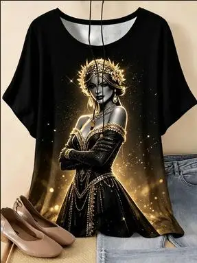 Women Crew Neck Short Sleeve T‑shirt Mysterious Dark Magic Lady Blue Mist Starry Night Fantasy Art Print Casual Summer Tops