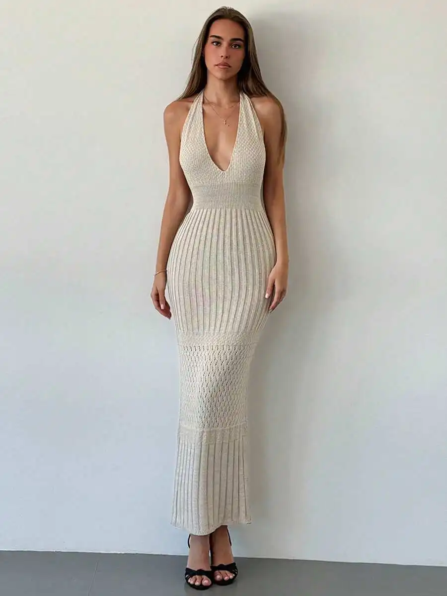 

Cream Knit Halter Deep V Neck Backless Maxi Dress for Vacation