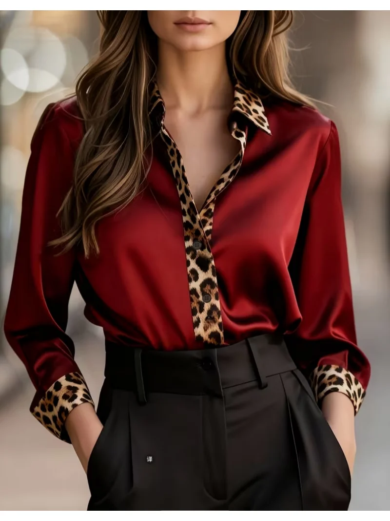 레오파드 프린트 칼라, 커프스 및 플래킷이 있는 우아한 긴 소매 버튼다운 셔츠, 루즈핏 블라우스 탑