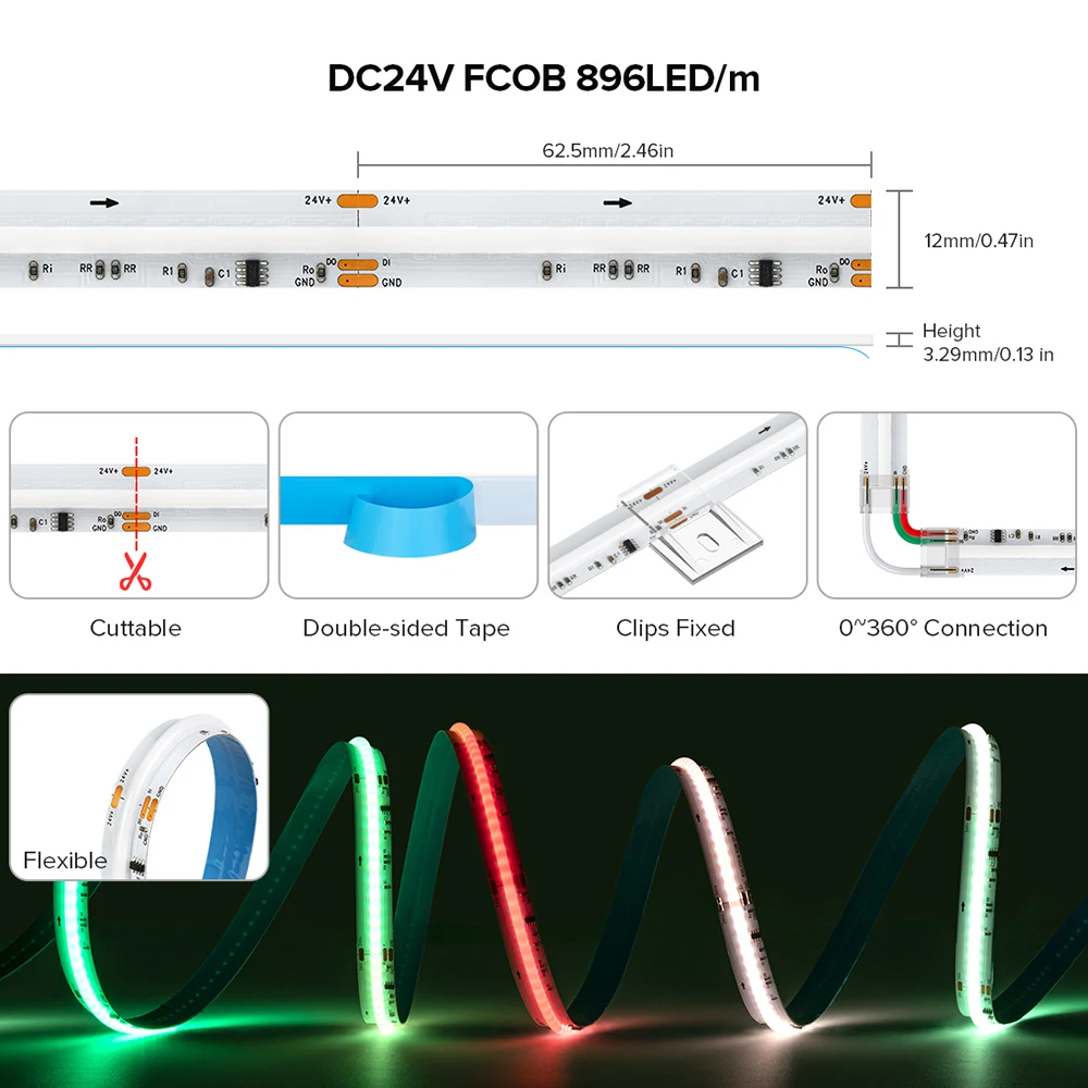 FCOB SPI RGBW IC Светодиодная лента 896 светодиодов WS2814 Адресный цвет мечты 12 мм DC24V SK6812 Высокогибкий FOB COB Lights Room Dec