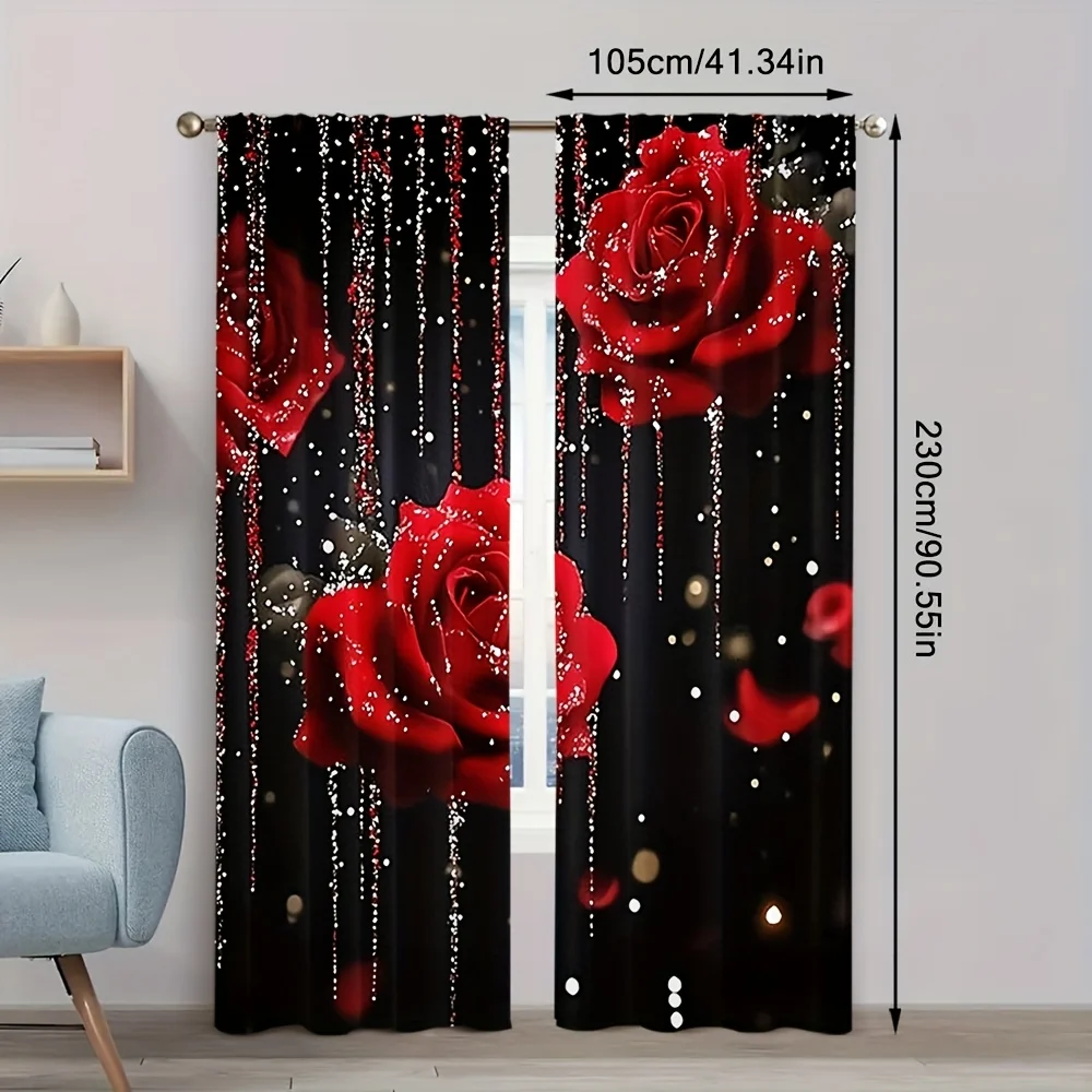 2pcs Red Rose with Sparkling Drips Black Curtains Romantic Floral Window Drapes for Bedroom Living Room Simple Installation
