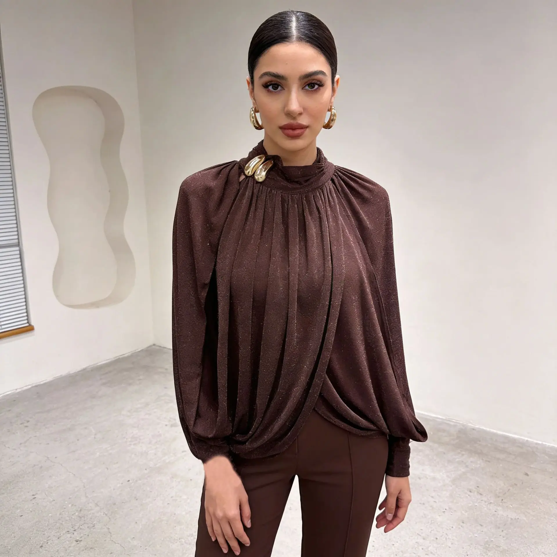 Spring 2026 Women's Lazy Style round Neck Long Sleeve Loose Fit Versatile Design Sense Top Cross-Border Elegant Style T-Shirt