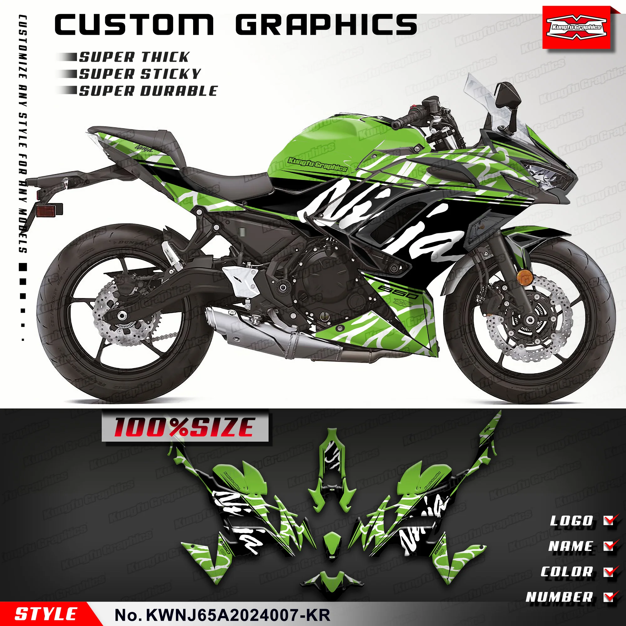 

KUNGFU GRAPHICS Sport Bike Décor Vinyl Sticker Kit for Kawasaki Ninja 650 2020 2021 2022 2023 2024 KWNJ65A2024007-KR