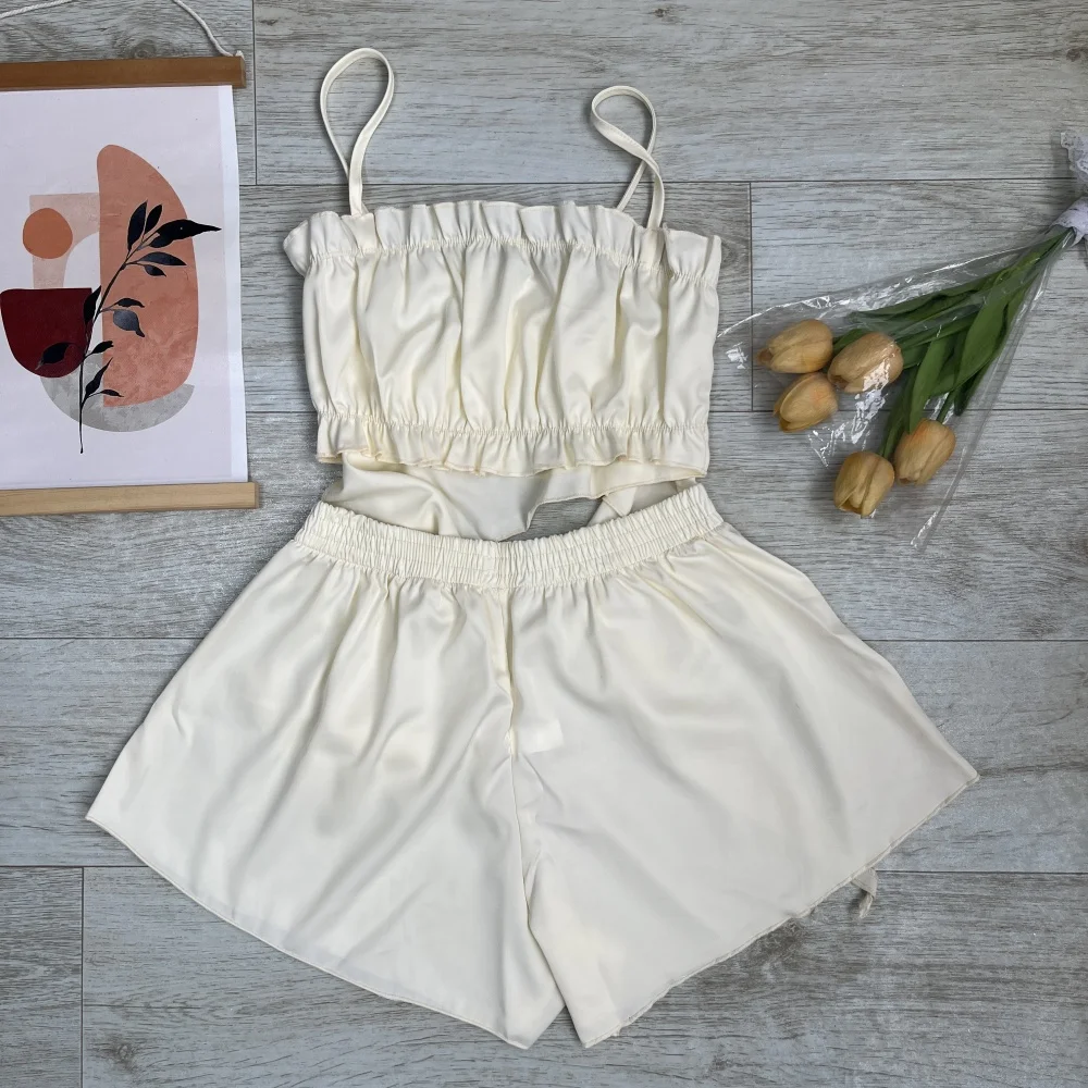 Terno feminino de duas peças com babados, top + shorts confortáveis, pijama de verão, roupas casuais para casa, cor sólida, conforto